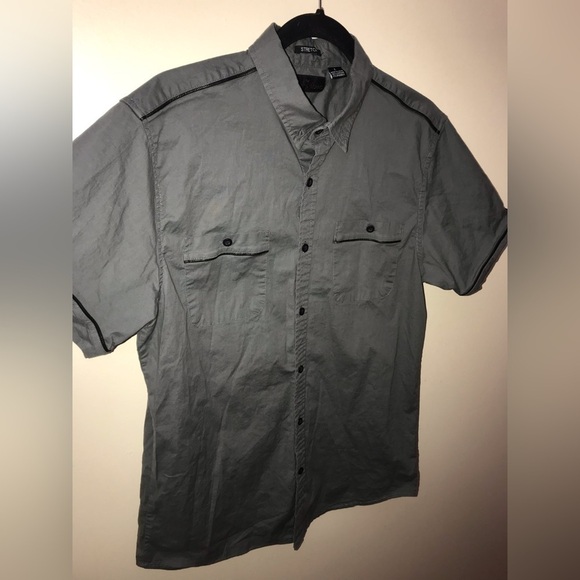 STEVE’S Jeans Mens Cotton Gray Military Style Short Sleeve Button Down Shirt L - Picture 6 of 11